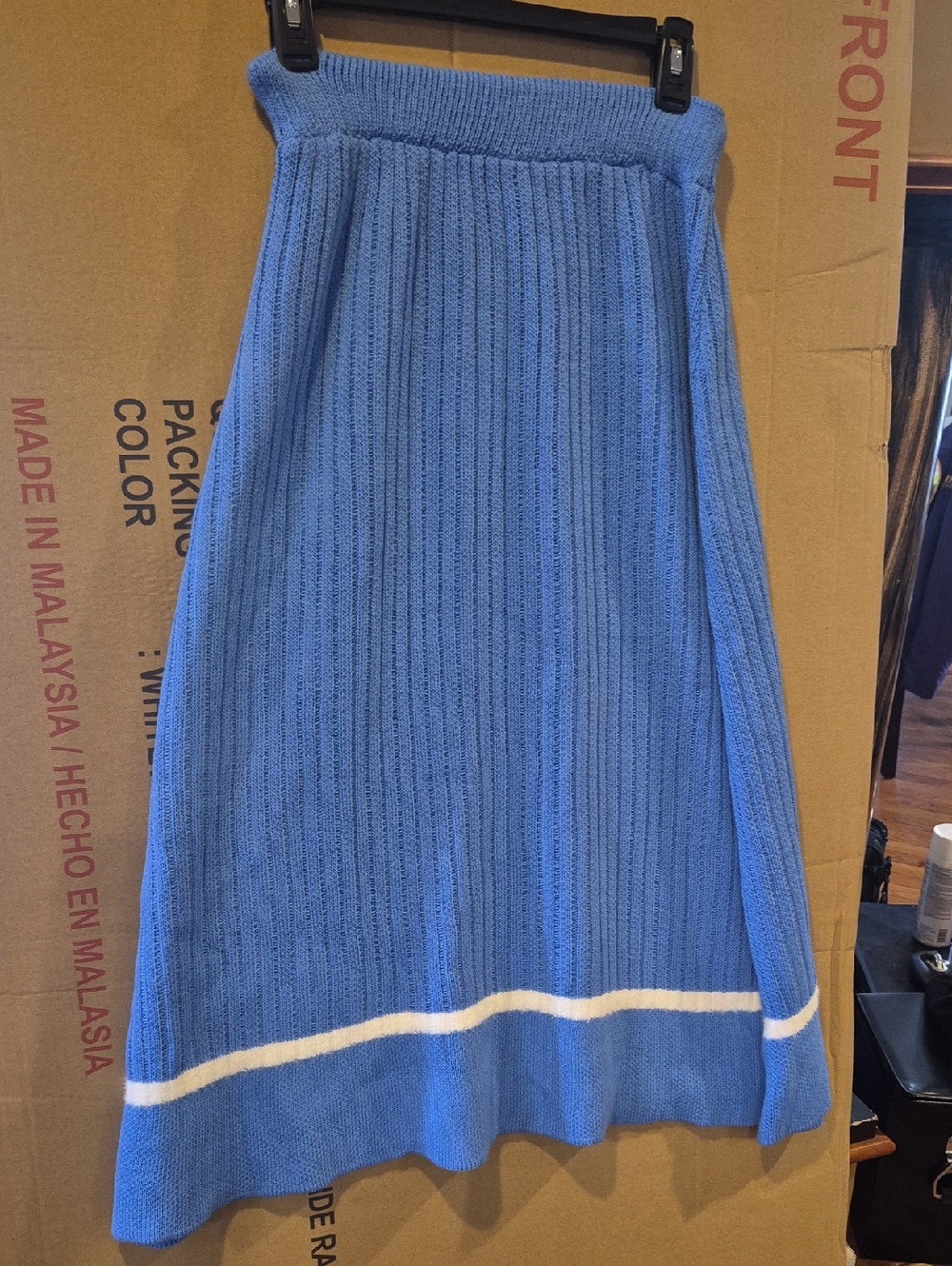 NEW--2 PC. SET. Light Blue Ribbed Midi Skirt with White Hem Accent